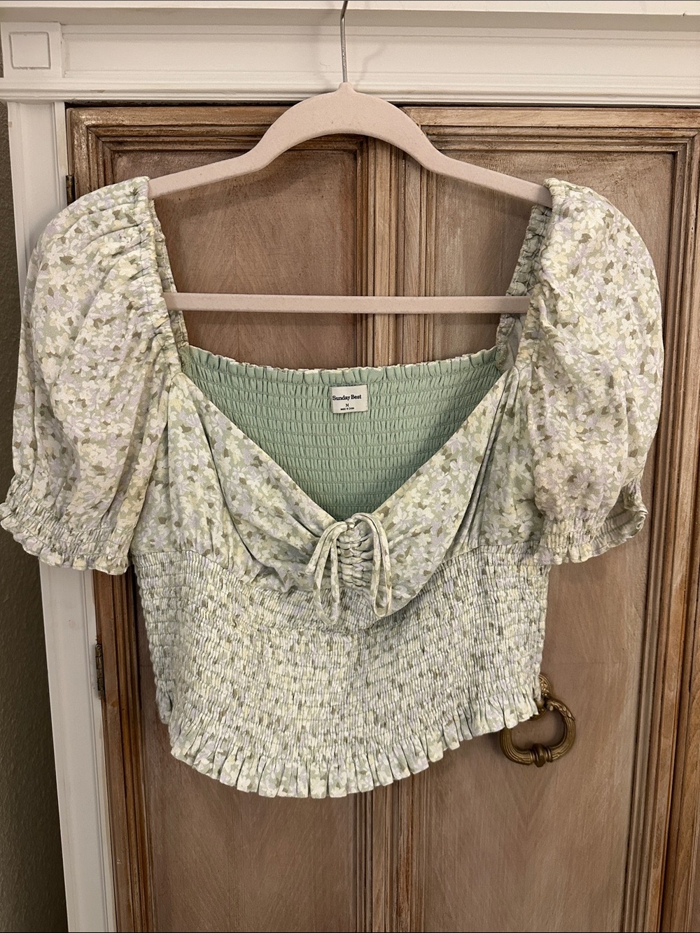 Aritzia Sunday Best Light Green Floral Puff-Sleeve Smocked Crop Top